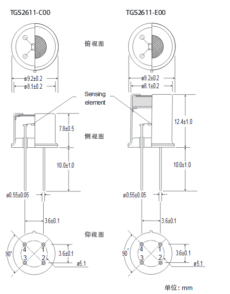 Combustible Gas Sensor TGS2611 Structure and Dimensions